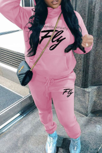 Pink Casual Letters Draw String Pocket Patchwork Hooded Long Sleeve Two Pieces