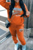 Orange Casual Print Draw String Pocket Patchwork Hooded Long Sleeve Two Pieces
