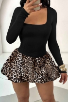Leopard Print Casual Solid Color Basic U Neck Long Sleeve Dresses