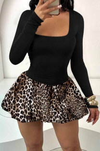 Leopard Print Casual Solid Color Basic U Neck Long Sleeve Dresses