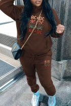 Brown Casual Print Draw String Pocket Patchwork Hooded Long Sleeve Two Pieces