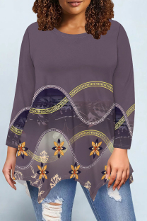 Purple Casual Daily Floral Print Gradient Irregular Contrast O Neck Tops