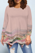 Pink Casual Daily Floral Print Gradient Irregular Contrast O Neck Tops