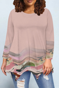 Pink Casual Daily Floral Print Gradient Irregular Contrast O Neck Tops
