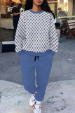 Mint green Casual Street Plaid Ombre Print Pocket Lace Up Contrast O Neck Long Sleeve Two Pieces