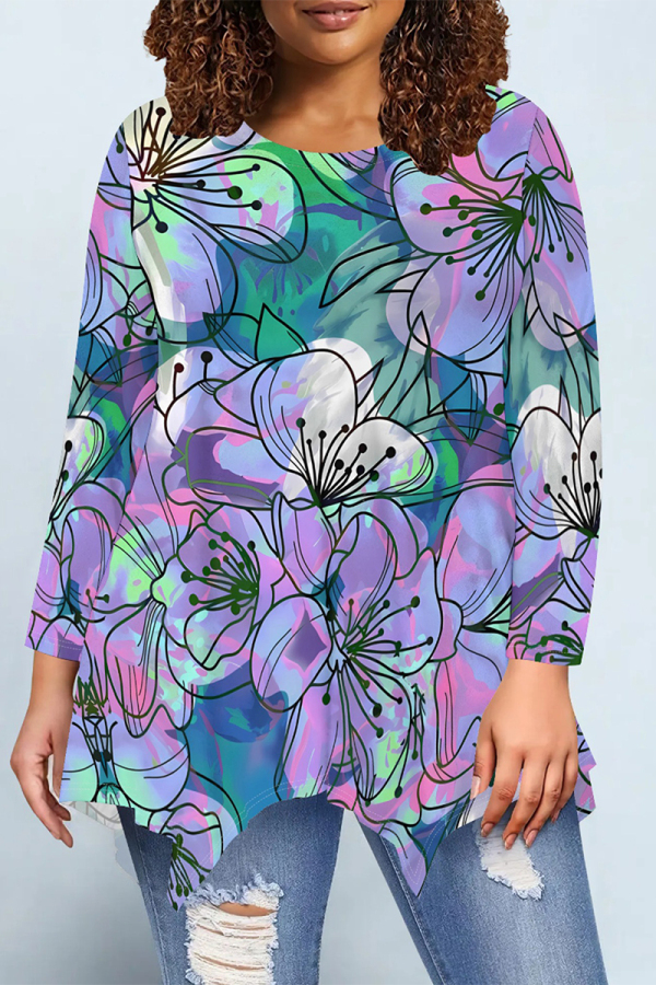 Multi-color Casual Daily Floral Print Irregular Contrast O Neck Tops
