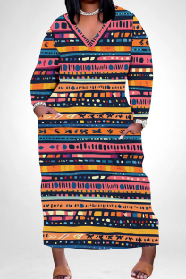 Multicolor Casual Print Pocket Patchwork V Neck Long Plus Size Dresses