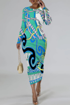Green Casual Street Floral Print Contrast O Neck Printed Dresses