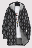 Deep Blue Casual Geometric Print Pocket Zipper Contrast Fleece-lined Hooded Outerwear