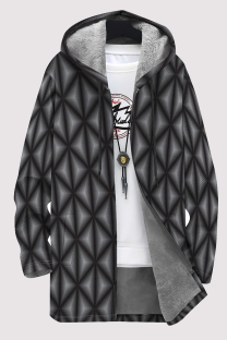 Black Gray Casual Geometric Print Pocket Zipper Contrast Fleece-lined Hooded Outerwear
