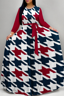 Burgundy Daily Elegant Geometric Print Lace Up Contrast O Neck Printed Dresses