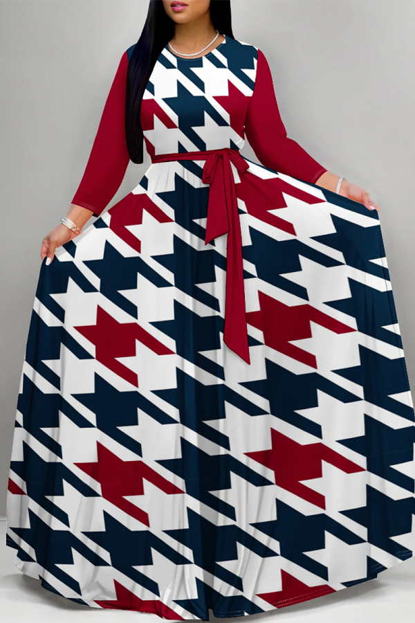 Burgundy Daily Elegant Geometric Print Lace Up Contrast O Neck Printed Dresses