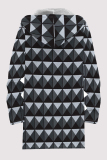 Deep Blue Casual Geometric Print Pocket Zipper Contrast Fleece-lined Hooded Outerwear