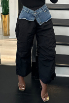 Black Casual Patchwork Pocket Regular High Waist Conventional Patchwork Trousers