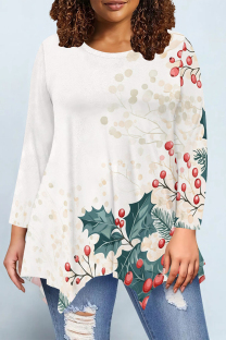 Cream White Casual Daily Floral Print Irregular Contrast O Neck Tops