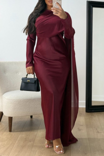 Burgundy Elegant Solid Color Patchwork O Neck Long Dresses