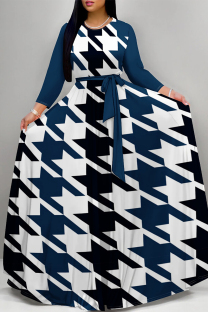 Navy Blue Daily Elegant Geometric Print Lace Up Contrast O Neck Printed Dresses