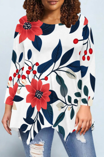 Red Casual Daily Floral Print Irregular Contrast O Neck Tops