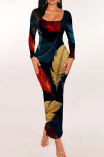 Blue Red Casual Print Patchwork U Neck Long Dresses