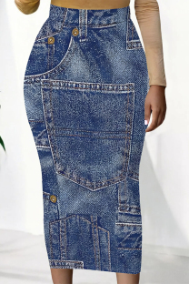 The cowboy blue Casual Street Flowers Heart Shaped Faux Denim Print Contrast Regular High Waist Full Print Bottoms