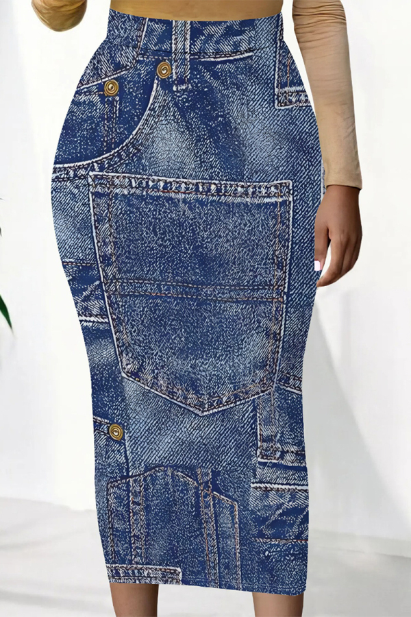 The cowboy blue Casual Street Flowers Heart Shaped Faux Denim Print Contrast Regular High Waist Full Print Bottoms