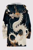 Deep Blue Casual Geometric Print Pocket Zipper Contrast Fleece-lined Hooded Outerwear