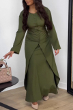 Green Casual Solid Color Buttons Patchwork High Slit O Neck Long Sleeve Two Pieces