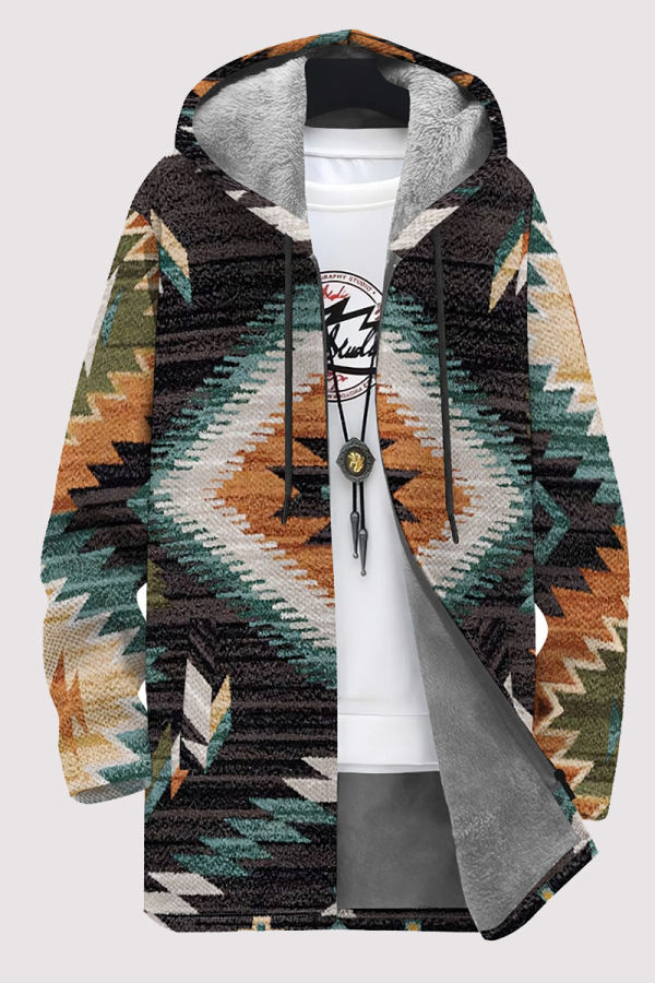 Dark Gray Casual Geometric Print Pocket Zipper Contrast Fleece-lined Hooded Outerwear