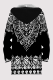White Casual Geometric Print Pocket Zipper Contrast Fleece-lined Hooded Outerwear