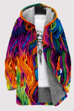 Orange Casual Striped Print Gradient Pocket Zipper Contrast Fleece-lined Hooded Outerwear
