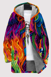 Rainbow Color Casual Striped Print Gradient Pocket Zipper Contrast Fleece-lined Hooded Outerwear