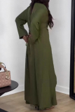 Green Casual Solid Color Buttons Patchwork High Slit O Neck Long Sleeve Two Pieces