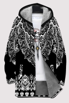 Black Casual Geometric Print Pocket Zipper Contrast Fleece-lined Hooded Outerwear