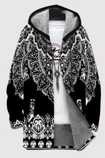 Black Casual Geometric Print Pocket Zipper Contrast Fleece-lined Hooded Outerwear