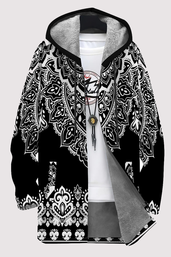 Black Casual Geometric Print Pocket Zipper Contrast Fleece-lined Hooded Outerwear