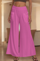 Pink Casual Solid Color Pocket Patchwork Loose Mid Waist Wide Leg Patchwork Bottoms