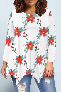 White Red Casual Daily Floral Print Irregular Contrast O Neck Tops