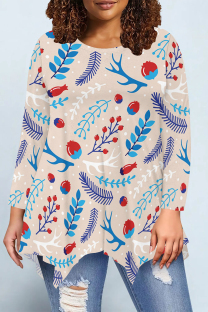Peach Casual Daily Floral Print Irregular Contrast O Neck Tops