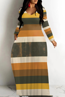 Yellow Orange Casual Print Patchwork V Neck Long Dresses