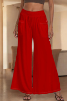 Red Casual Solid Color Pocket Patchwork Loose Mid Waist Wide Leg Patchwork Bottoms