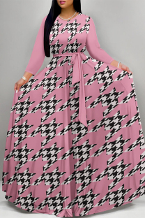 Pink Daily Elegant Geometric Print Lace Up Contrast O Neck Printed Dresses