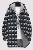 Deep Blue Casual Geometric Print Pocket Zipper Contrast Fleece-lined Hooded Outerwear