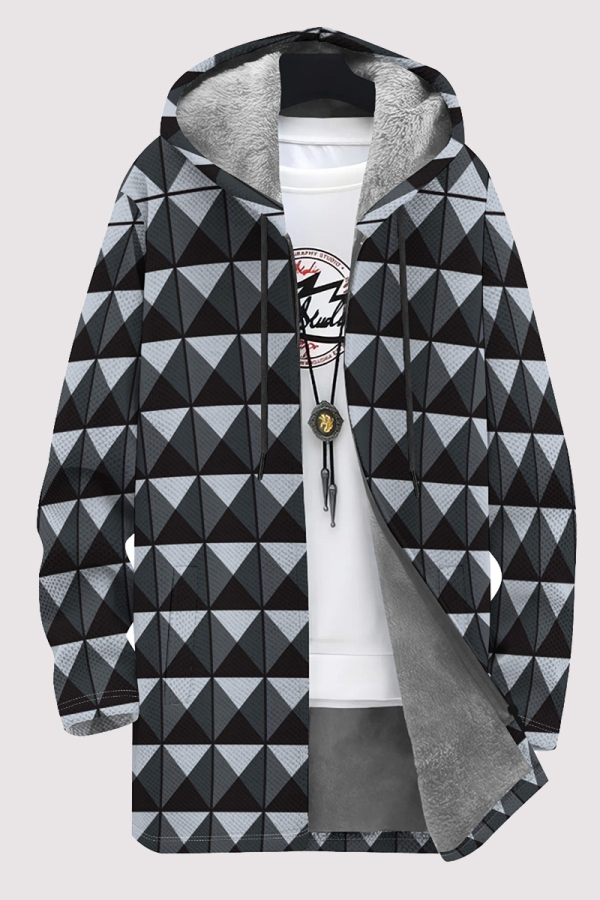 Dark Blue Gray Casual Geometric Print Pocket Zipper Contrast Fleece-lined Hooded Outerwear