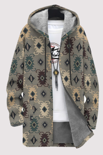 Light Gray Casual Geometric Print Pocket Zipper Contrast Fleece-lined Hooded Outerwear