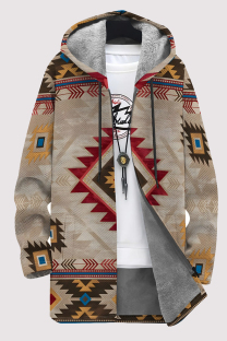 Khaki Casual Geometric Print Pocket Zipper Contrast Fleece-lined Hooded Outerwear