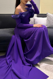 Purple Elegant Solid Color Patchwork Backless Ruffled Trim Off Shoulder Evening Dresses