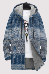 Blue Casual Striped Print Gradient Pocket Zipper Contrast Fleece-lined Hooded Outerwear