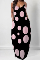 Black Pink Sexy Geometric Print Polka Dot Pocket Contrast V Neck Printed Dresses