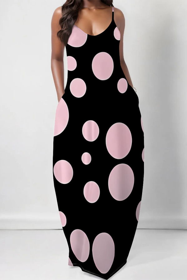 Black Pink Sexy Geometric Print Polka Dot Pocket Contrast V Neck Printed Dresses