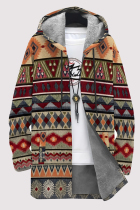 Multicolor Casual Geometric Print Pocket Zipper Contrast Fleece-lined Hooded Outerwear